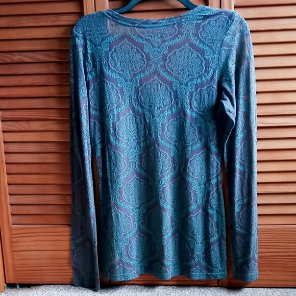 Maurices Women's Brown & Teal Sheer Damask Long Sleeve Pullover Top - Picture 4 of 10